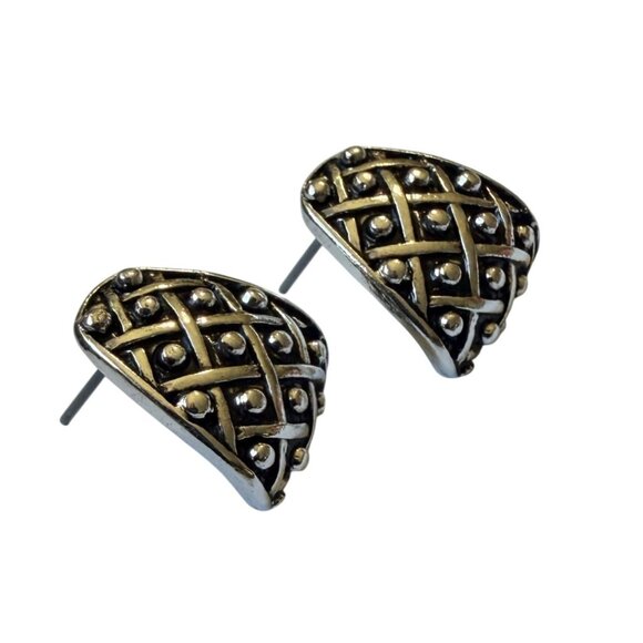 Y2K Silver Tone Lattice Textured Half Hoop Earrings Nickel Free Hypoallergenic - Picture 1 of 6